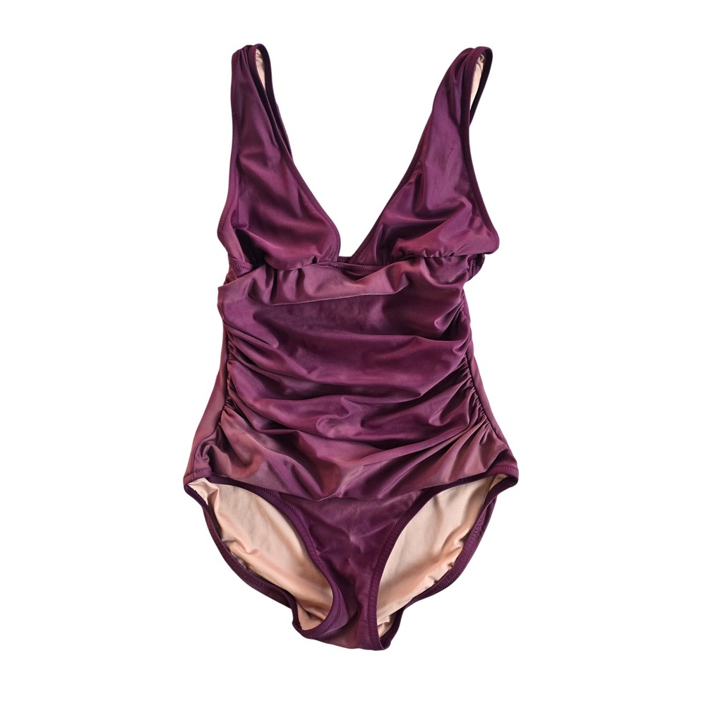 J. Crew One Piece Swimsuit Ruched Tummy Control V Neck Plum Tie Dye‎ Size 6